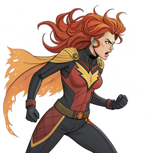 A comic book illustration. Female superhero, athletic build, fiery red hair, fierce look, ready for battle stance.