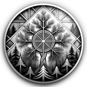 vegvisir geometric symbols - ragnar and trees - tattoo design - perfect realistic art - high-definition - grey and black - white background 