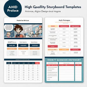 A digital marketplace showcasing high-quality anime storyboard templates for Adobe InDesign, Photoshop, Apple Keynote, and Pages. Each template features a clean professional layout and is grid-compatible. Detailed pricing and software compatibility listed.
