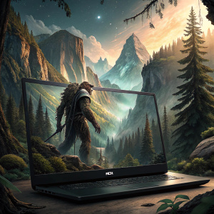 Star Wars themed desktop background on a black Dell laptop. The wallpaper features a large alien creature amidst a forested mountain range.