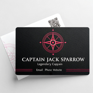 Business card design for Captain Jack Sparrow. Modern sleek card. Black background, logo of compass in dark shades with pink outline. Name: Jack Sparrow, Title: Legendary Captain, Contact info: Email, Phone, QR code for website. Elegant font style.