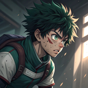 Midoriya Izuku, hero academy student, bruised face, intense gaze, digital art