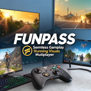 Advertisement for FunPass, a versatile gaming platform for PC and Mac users. Features highlight gameplay, graphics, and multiplayer options.