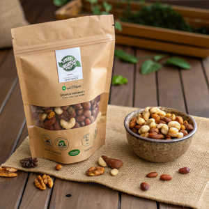 NOW Foods Raw Energy Nut Mix in a rustic brown bag. The label showcases a variety of nuts with clear brand logo. Great for on-the-go snacking.