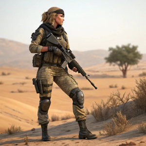 3D model of a female soldier from Metal Gear Solid V. Standing in a combat pose. Desert landscape background.