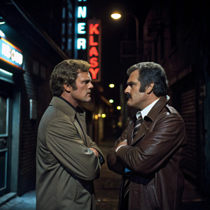 Lee Majors and Barney Miller in a tense standoff. Their hands clenched, forearms locked. The scene set in a dimly lit alleyway, surrounded by flickering neon signs.