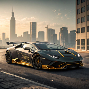 High-tech digital rendering of the Lamborghini Huracan Super Trofeo Evo Collector's Edition. Set against a gritty urban backdrop, showcasing its sleek black and gold exterior.