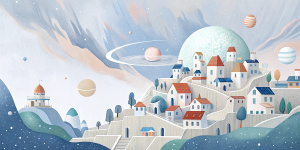 White illustration,  Wes Anderson style, surreal collage of many complex houses and briges, huge ocean and galaxy sky, soft lines, more white, grainy paper