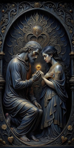 Un hombre suplicando de rodillas con su corazón en la mano, el amor de una bella mujer, representando la búsqueda apasionada de nuevas relaciones y experiencias emocionales. (Alta definición. Finos detalles.)