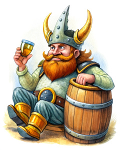 nice viking game dwarf, illustration, king with a golden crown completely drunk with a beer sitted on a barrel, vintage cartoon effect, white background