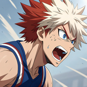 Picture of an angry Bakugo. Red and white hair, blue eyes, strong physique. Blue sports attire. Vibrant, detailed, fast-paced image.