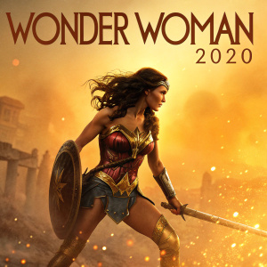 Digital illustration for 'Wonder Woman' film poster. Prominent Wonder Woman in action pose, dynamic and intense mood. Warm golden and orange color scheme. Text highlights title and 2020 release date.