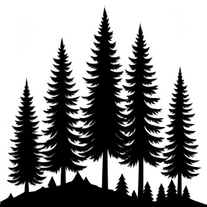 pine trees silhoutte drawing, clean simple lines, black and white