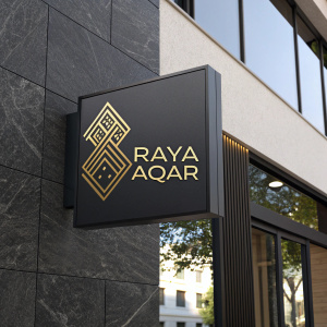 Logo for Raya Aqar. Modern, sleek design in gold on dark background. Abstract shapes and geometric elements. Luxurious and contemporary feel.