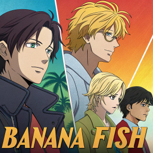 Promotional poster for the anime series 'Banana Fish'. Diverse characters with varied expressions, some joyful, others somber. Vibrant mix of warm and cool colors. Bottom of image features 'Banana Fish' in bold letters. Stylish and visually striking anime art.
