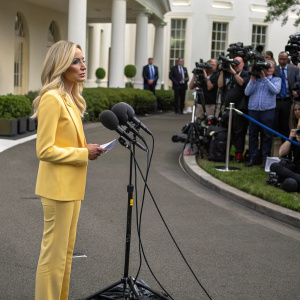 Kayleigh McEnany, dressed in a yellow suit, addressing press conference at White House. Rows of microphones and journalists in the background.