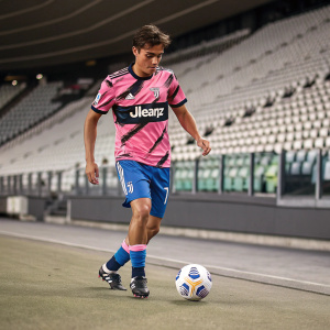 Paulo Dybala, dynamic player, intense pose, empty arena. Focus on pink and black soccer jersey, Allianz and Juventus logos, blue shorts, and cleats. Ball at feet.