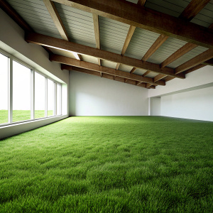 The plain green grass floor contrasts with the loft architecture structure.
Sharp picture 4k