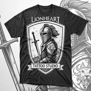 Promotional image for Lionheart Tattoo Studio. Black and white design, featuring medieval knight logo on t-shirt.