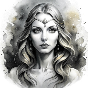 Saga, The Seer - Nordic Goddess of Sagas & Myths perfect realistic art, high-definition grey and black, white background tattoo design