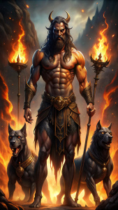 Pluto, Hades, god of the underworld. A man in full height. Prominent muscles, black hair and beard. In the hands of a two-pronged. Next to Cerberus is a three-headed dog. There is fire all around, the underworld.