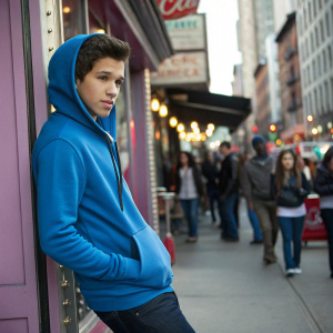 Austin Mahone, young caucasian male, wearing a blue hoodie, poses outside a trendy cafe. Crowded street backdrop