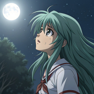 Shion Sonozaki, character from Higurashi no Naku Koro ni, displaying anguish. Drenched in moonlight, her hair swirls around her.