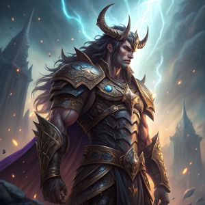 Digital art of a powerful male fantasy warrior. Standing tall in ornate armor, with dark horns and a chiseled physique. Set against a vivid, ethereal background. Light emphasizes muscle definition and intricate armor details.