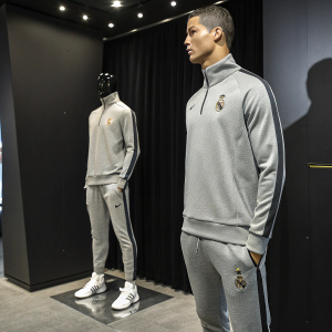 Comparison photo of Cristiano Ronaldo's CR7 Night Wear sweatshirt on a mannequin. Against a sleek black backdrop.
