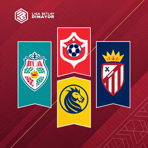 Graphic design showcasing teams for the 2020 season of Liga BetPlay Dimayor. Teams represented with vibrant logos in an array of colors and symbols. Red background