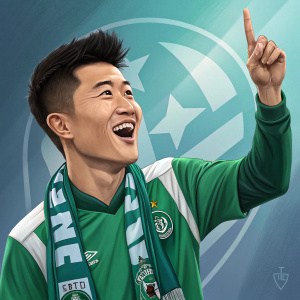 Wu Lei, asian male, exuberant smile. Wearing green sports jersey with club logos and scarf. Modern haircut, finger raised in dynamic pose. Blue gradient background