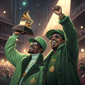 Andre 3000 and Big Boi, Outkast members, celebrating Grammy win. Green outfits, holding trophies. Flashing lights and crowd in background