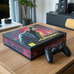 Cyberpunk 2077 Collector's Edition PS4 box, vibrant and bold design. On a wooden table, realistic shot.