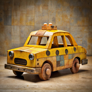 taxi figurine cut out of plywood with a jigsaw, sanded, with painted taxi signs, artistic photo
