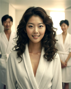 1girl, 25-year-old Korean actress Clara Lee Sung-min, with medium curly hair, wearing an open white bathrobe, bathroom: 1.2, collarbone, looking at the audience, ((turbulent)), ((perfect body proportions)), (panorama: 1.3) , beautiful and mature, grinning, deep shadow, Mario Testino style, half body to chest: 1.1<lora:DetailedEyes_xl_V2:1>, <lora:neg4all_bdsqlsz_xl_V7:1>, (super delicate oval face)), ((beautiful eyes with long eyelashes ,((real image quality)),((Leica RAW photo)),64k,((fidelity: