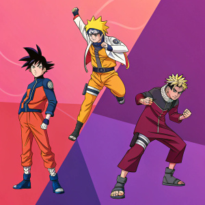 Collage of popular anime characters from various series, set against a vibrant gradient background.