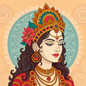 Illustration of Ardhanarishwara, a divine figure in Hindu mythology, with a blend of vibrant colors and intricate designs.