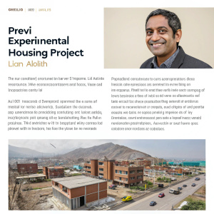 Homepage showcasing PREVI Experimental Housing Project in Lima, Peru. Iqbal Aalim highlighted at the top. Informative content about architects and Peru's construction sector. Detailed images and text accompany the project description.