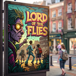 A vibrant graffiti mural featuring the 'Lord of the Flies' poster. A bustling urban street scene with passersby.