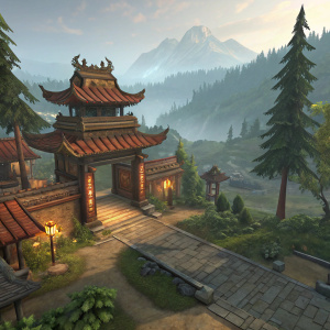 A high-resolution screenshot from Dota 2. Lost Valley map. An intricately designed temple entrance. Warm lighting, earthy tones. Background features distant mountains and forests.