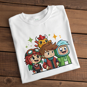 A plain white t-shirt displaying vibrant cartoon characters inspired by Roblox, spread out on a rustic wooden table. Characters show unique traits and animated expressions.