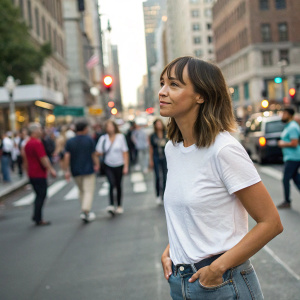 Rashida Jones in a candid shot. She is in casual attire, dressed in a white t-shirt and jeans. In the middle of a busy city street, surrounded by people and urban noise.