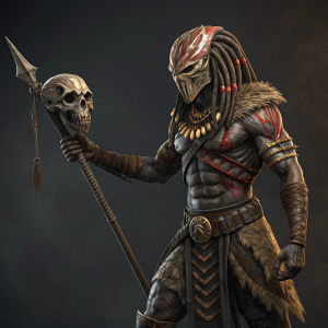 Predator-like alien, muscular build, mask with tribal patterns. Wielding weapon, holding skull. Dark studio backdrop.