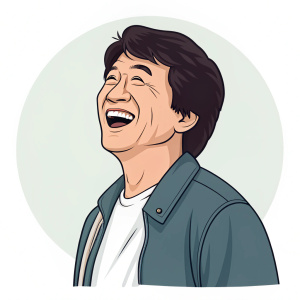 Jackie Chan, smiling widely in a vector illustration. Simple, clean background.