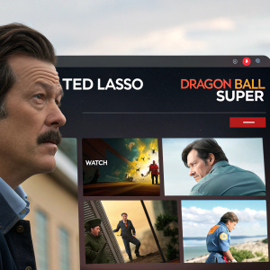 Homepage of streaming service featuring Ted Lasso and Dragon Ball Super trailers. Bilingual Spanish and English text. Grid layout