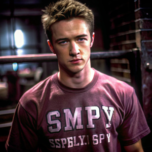 Young Edward Norton from the film “Fight Club”, wearing the t-shirt with text SSM1PPYY