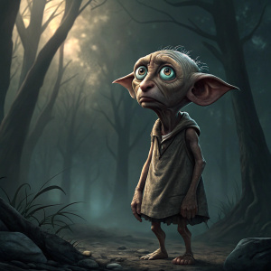 Dobby, the devoted house-elf from Harry Potter, standing with a worried look. Dark, eerie forest background.
