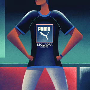 Modern athletic Puma Esquadra Leisure T-shirt, black and blue color, Puma logo front center, stylish casual wear, model posing