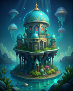 magic fantasy undersea jellyfish-shaped design castle, dome in the form of a jellyfish aborable isometry game art
