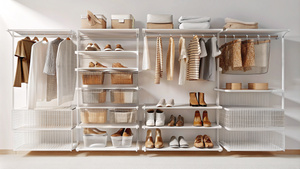 A white plastic wall system with hanging shelves and acrylic floating shelf for , surrounded by storage boxes of different sizes, hangers on the top row, shoes in small transparent containers at the bottom left corner, neatly arranged inside the closet space, neutral color palette, clean aesthetic, professional photography, high resolution photos on a white background. --ar 125:107